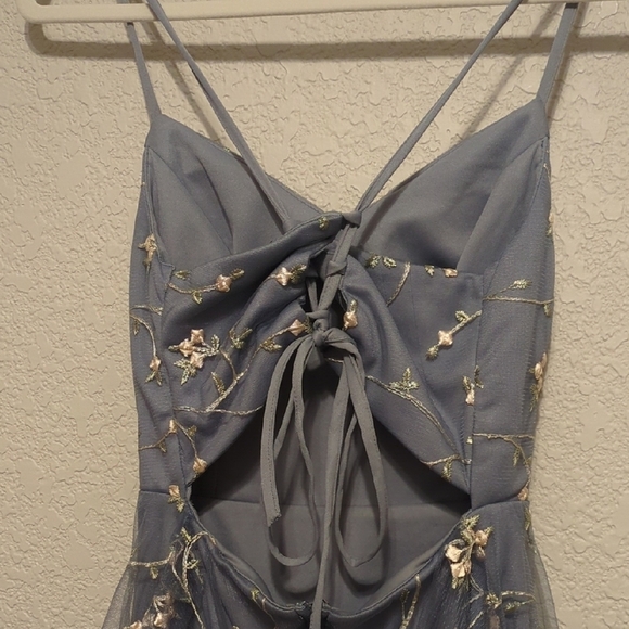 SHEIN blue floral embroidered mesh cross tie back sleeveless cami mini dress - Picture 9 of 13